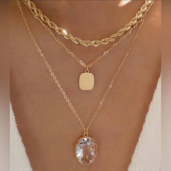 14k gold filled Rhinestone Oval & Square Charm Layered Necklace - Picture 1 of 3